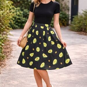 “Avo Good Day” Retro Avocado Print Midi Skirt w/ Pockets – Black/Green – Size M